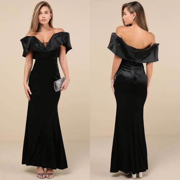 Lulus Coveted Luxury Black Velvet Off-the-Shoulder Maxi Dress M Wedding Party - Picture 1 of 10